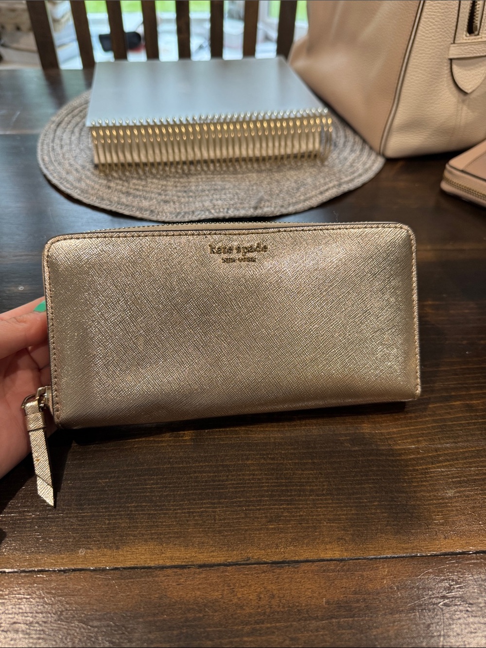 kate spade metallic champagne zip-around wallet